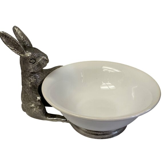 Rabbit-Themed Metal Ceramic Bowl Bunny Holding White Dish For Snacks  Decor - Picture 1 of 5